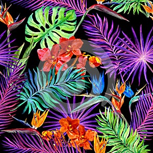 Tropical design for fashion: exotic leaves, orchid flowers in neon light. Seamless pattern. Watercolor