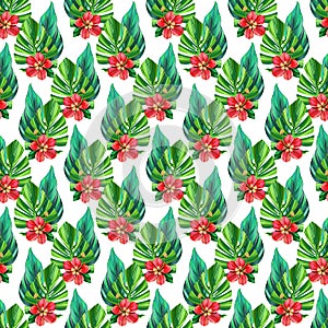Tropical digital pattern with monstera palm leaves, exotic flowers hibiscus and Plumeria on white background. Seamless