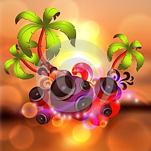 Tropical disco dance background with music and fantasy design elements