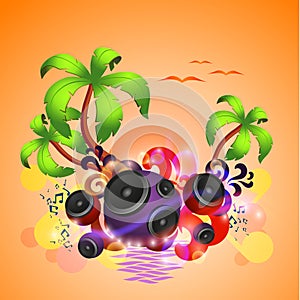 Tropical disco dance background with speakers