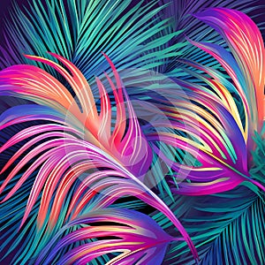 Tropical Dreams in Retrowave: Abstract Leaves Pattern in Vibrant Colors, Generative AI