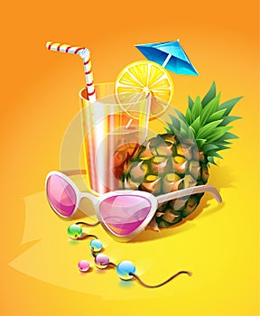 Tropical Drink, Pineapple, Sunglasses and Beads