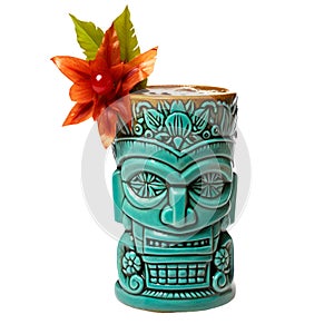 Tropical drinks served on tiki mugs isolated. Tiki cocktail for beach bar