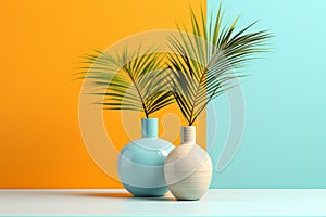 Tropical Elegance: Stunning Display of Palm Tree & Round Vases on a Sunlit Yellow Background