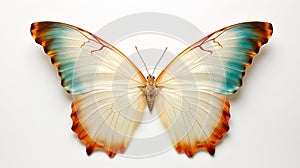 Tropical elegant butterfly with colorful wings and antennae isolated on white background. Pretty flying moth top view