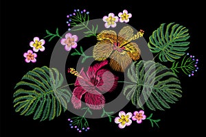 Tropical embroidery flower arrangement. Exotic plant blossom summer jungle. Fashion print textile patch. Hawaii hibiscus plumeria