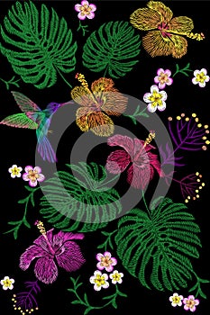 Tropical embroidery flower arrangement. Exotic plant blossom summer jungle. Fashion print textile patch. Hawaii hibiscus plumeria