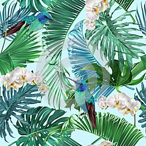 Tropical emerald pattern with orchid and bird