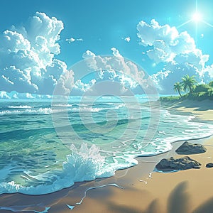 Tropical escape Summer seascape with blue ocean, clouds, and seaside