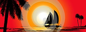 A Tropical Evening. Sunset with Palm Trees and the boat. Landscape view