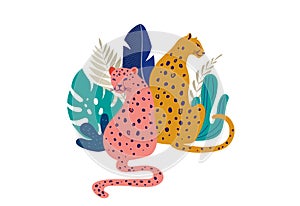 Tropical exotic animals and birds - leopards, tigers, parrots and toucans vector illustration. Wild animals in the