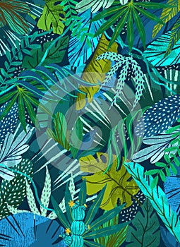 Tropical exotic background, wallpaper, cover with green tropical plants, palm trees, monstera for poster, cover or