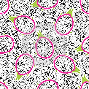 Tropical exotic dragon fruit vector seamless pattern. Background with pitaya for design fabric