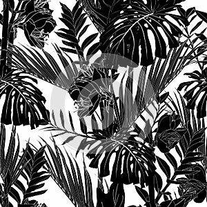Tropical exotic floral black line palm leaves and flowers seamless pattern, white background.