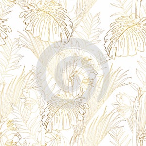 Tropical exotic floral golden line palm leaves and flowers seamless pattern, white background.