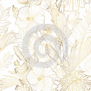 Tropical exotic floral golden line palm leaves and hibiscus flowers seamless pattern,