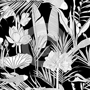 Tropical exotic floral line black white palm leaves and flowers seamless pattern, line background.