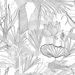Tropical exotic floral line black white palm leaves and flowers seamless pattern, line background. Exotic jungle wallpaper.