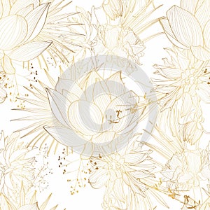 Tropical exotic floral line golden  palm leaves and flowers seamless pattern, line background.