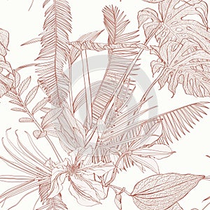Tropical exotic floral line palm leaves and flowers seamless pattern, line background.