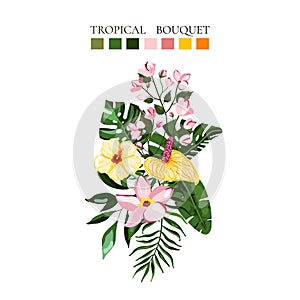 Tropical exotic flowers bouquets with frangipani hibiscus calla green monstera palm leaves