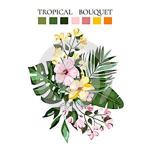 Tropical exotic flowers bouquets with frangipani hibiscus green monstera palm leaves