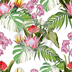 Tropical  exotic flowers, palm trees floral seamless pattern white background.