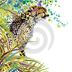 Tropical exotic forest, green leaves, wildlife, cheetah, watercolor illustration. watercolor background unusual exotic nature photo