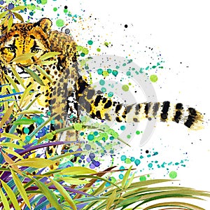 Tropical exotic forest, green leaves, wildlife, cheetah, watercolor illustration. watercolor background unusual exotic nature