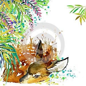 Tropical exotic forest, green leaves, wildlife, deer, watercolor illustration. watercolor background unusual exotic nature