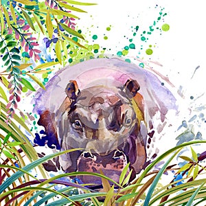 Tropical exotic forest, green leaves, wildlife, hippopotamus, watercolor illustration. watercolor background unusual exotic nature