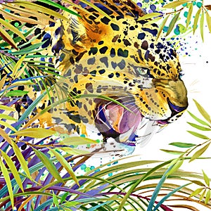 Tropical exotic forest, jaguar, green leaves, wildlife, watercolor illustration.