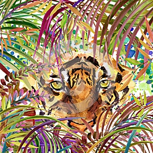 Tropical exotic forest, tiger, green leaves, wildlife, watercolor illustration.