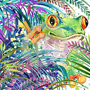 Tropical exotic forest, tropical frog, green leaves, wildlife, watercolor illustration.