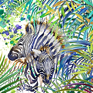 Tropical exotic forest, Zebra family, green leaves, wildlife, watercolor illustration.fe, watercolor illustration.