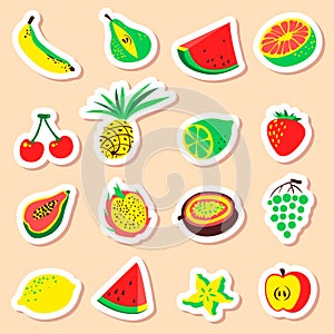 Tropical exotic fruits stickers set. Cute fresh organic fruits l