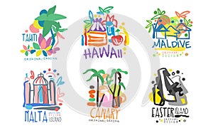 Tropical Exotic Islands Logo Design, Tahiti, Hawaii, Maldive, Malta, Canary, Easter Vector Illustration