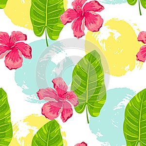 Tropical exotic leaves, hibiscus flowers seamless pattern