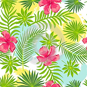 Tropical exotic leaves, hibiscus flowers seamless pattern