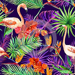 Tropical exotic leaves, orchid flowers, neon light. Seamless pattern. Watercolor