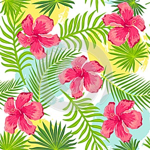 Tropical exotic palm leaves, hibiscus flowers seamless pattern