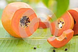 Tropical exotic papaya fruit and glass jar with smoothie shake j