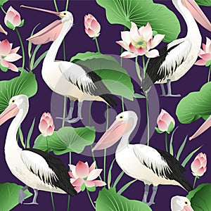 Tropical exotic print with pelicans, lotus flowers and leaves.