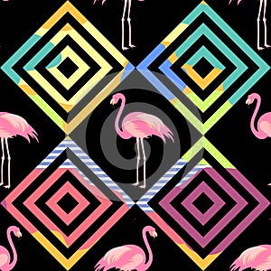 Tropical, exotic seamless pattern with exotic bird. Pink flamingos. Vector.