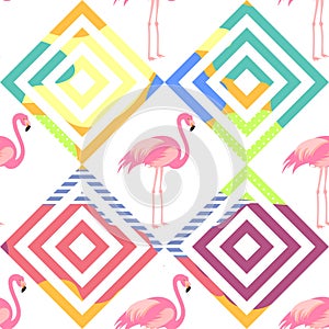 Tropical, exotic seamless pattern with exotic bird. Pink flamingos. Vector.