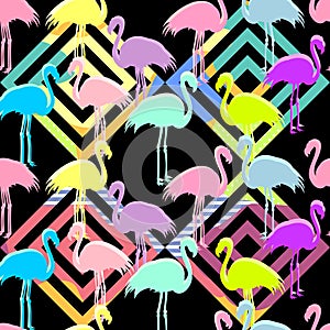 Tropical, exotic seamless pattern with exotic bird. Pink flamingos. Vector.