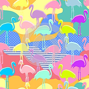 Tropical, exotic seamless pattern with exotic bird. Pink flamingos. Vector.