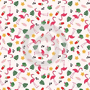 Tropical/exotic seamless pattern. Flamingo, tropical leaves and flowers, ice cream.