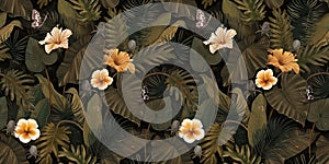 Tropical exotic seamless pattern with flowers in tropical leaves. Hand-drawn 3D vintage illustration.