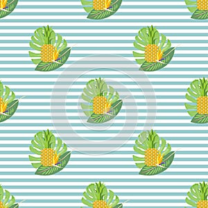 Tropical, exotic seamless pattern with palm leaves and pineapples. Vector.
